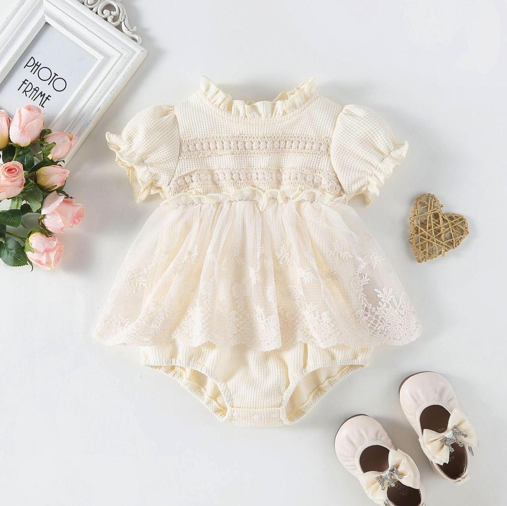 Korean-Style Baby Lace Long Sleeve Romper for Spring & Autumn: Versatile, Fashionable Round Neck Dress Toddler Outerwear
