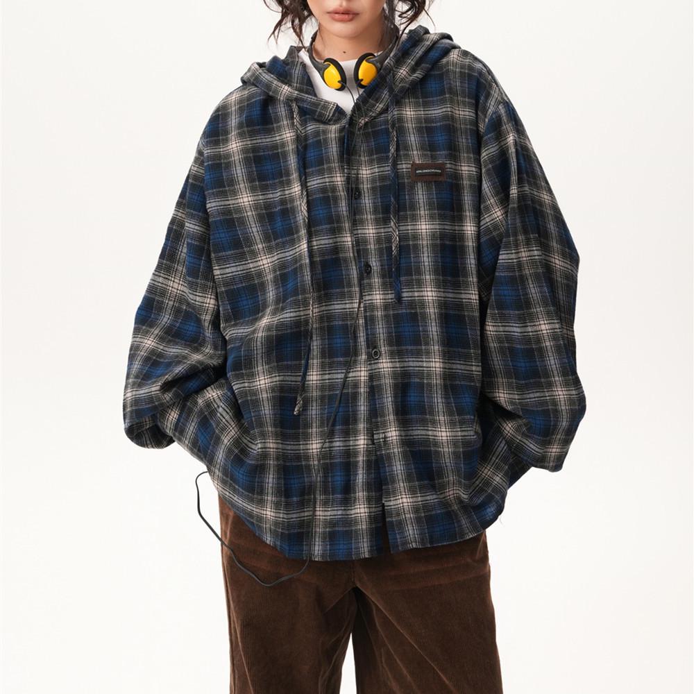 

Unisex Retro Plaid Color Block Hooded Shirt - Autumn Casual Trend Medium темно-синього кольору