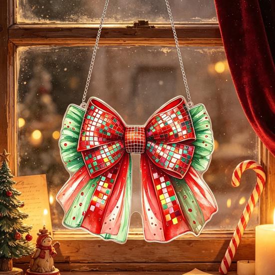 Dubbelzijdig Bedrukt Acryl Decoratie Kerstboog Ornament, 2D Platte Hangende Decoratie Seizoensgebonden Huisfeest voor Boom, Raam, Muur Decoratie voor Feestdagen