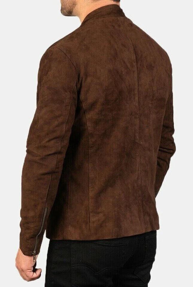 Motorcycle Genuine Lambskin Stylish Leather Brown Suede Zip Jacket Handmade Men's Biker