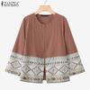 ZANZEA Women Casual Round Neck Long Sleeve Ethnic Print Loose Zipper Blouse