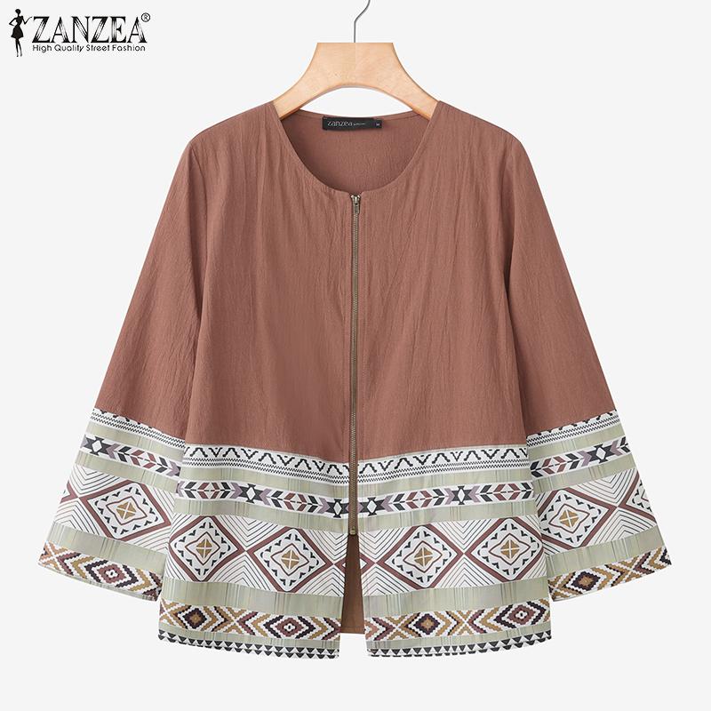ZANZEA Women Casual Round Neck Long Sleeve Ethnic Print Loose Zipper Blouse