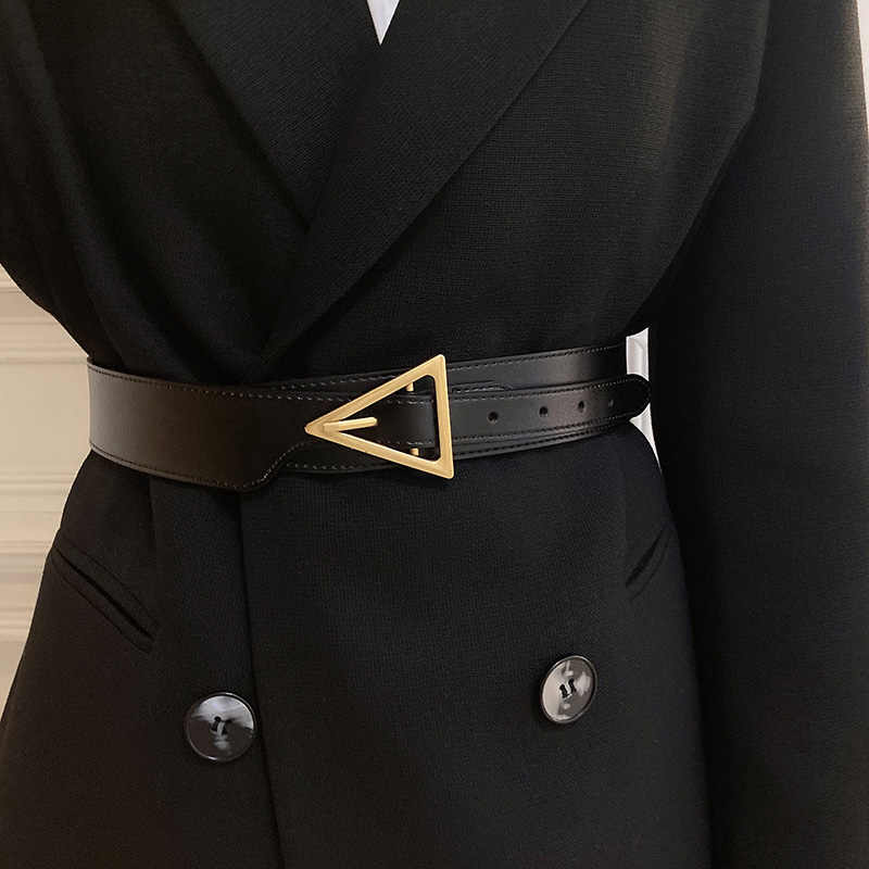 1pcs Women's Decorative Belt with Luxury Feel - New Design In 2026, Genuine Leather, Stylish Black Minimalist Wide Belt, Instagr