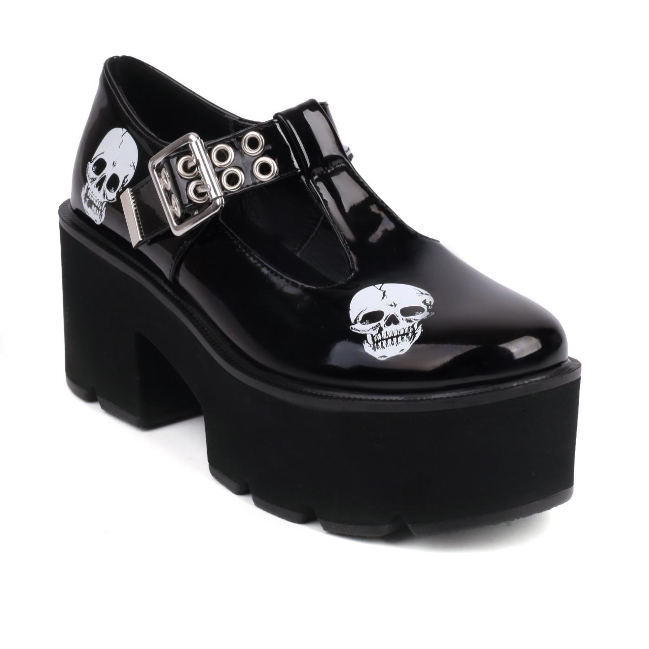 

Большие женские туфли в стиле панк на толстой подошве из лакированной кожи, маленькие кожаные туфли с темной головой черепа для женщин 42 чёрный