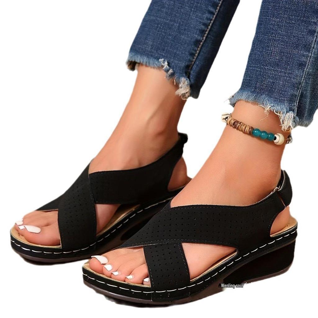 Southeast Asia Women's Cross-Strap Velcro Wedge Sandals - Lightweight, Thick-Soled Beach Sandals