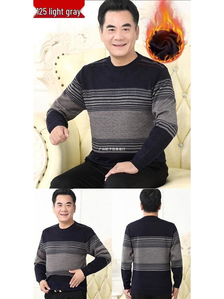 Men's Thick Fleece-Lined Sweater - Grandpa Style, Round Neck, Perfect for Winter Warmth