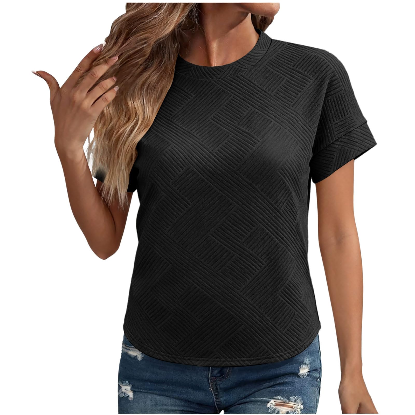 Women s Fashion Oversized Round Neck Textured Short-Sleeve T-Shirt Casual Top L чёрный
