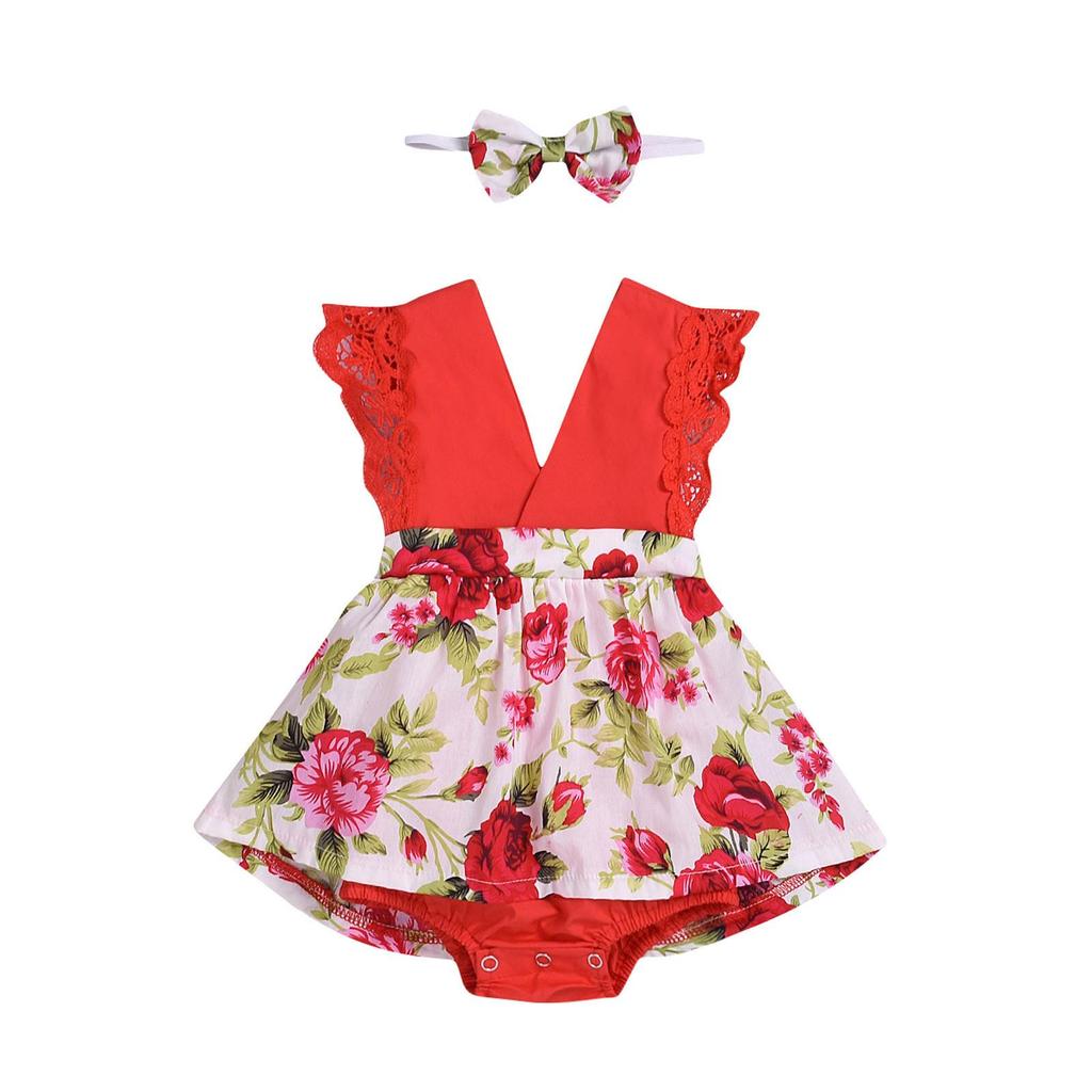 Baby Girls Floral Romper Dress Newborn Outfits With Headband 0-24 Months