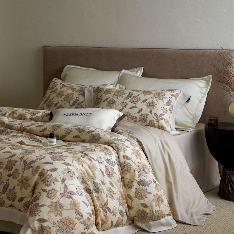 Luxury Floral Retro Tencel Cotton Linen 4-Piece Bedding Set: Cool & Smooth Duvet Cover for All Seasons