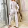 Women Lace Trim Pajama Set Long Sleeve V-Neck Front Button Tops Full-Length Pants Sleepwear Nightwear
