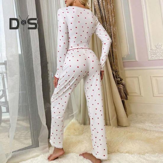 Women Lace Trim Pajama Set Long Sleeve V-Neck Front Button Tops Full-Length Pants Sleepwear Nightwear
