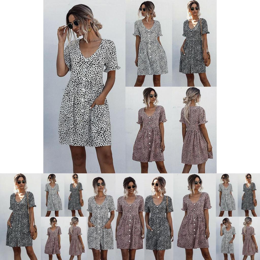 Stylish Women V-neck Holiday Mini Dress Featuring Elegant Polka Dot Design And Pockets