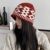 Knitted hat women's hat fashion contrasting colors autumn and winter warm bucket hat niche big head circumference wool hat shows small face