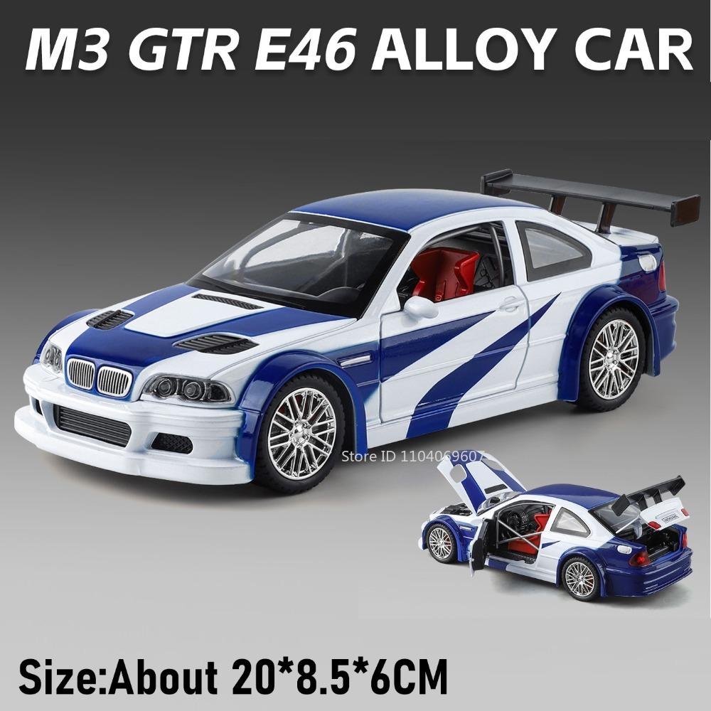 1:24 M3 GTR E46 Model Racing Car Toys Alloy Diecast Sound Light Doors Opened Shock Absorption Pull Back Simulation Supercars