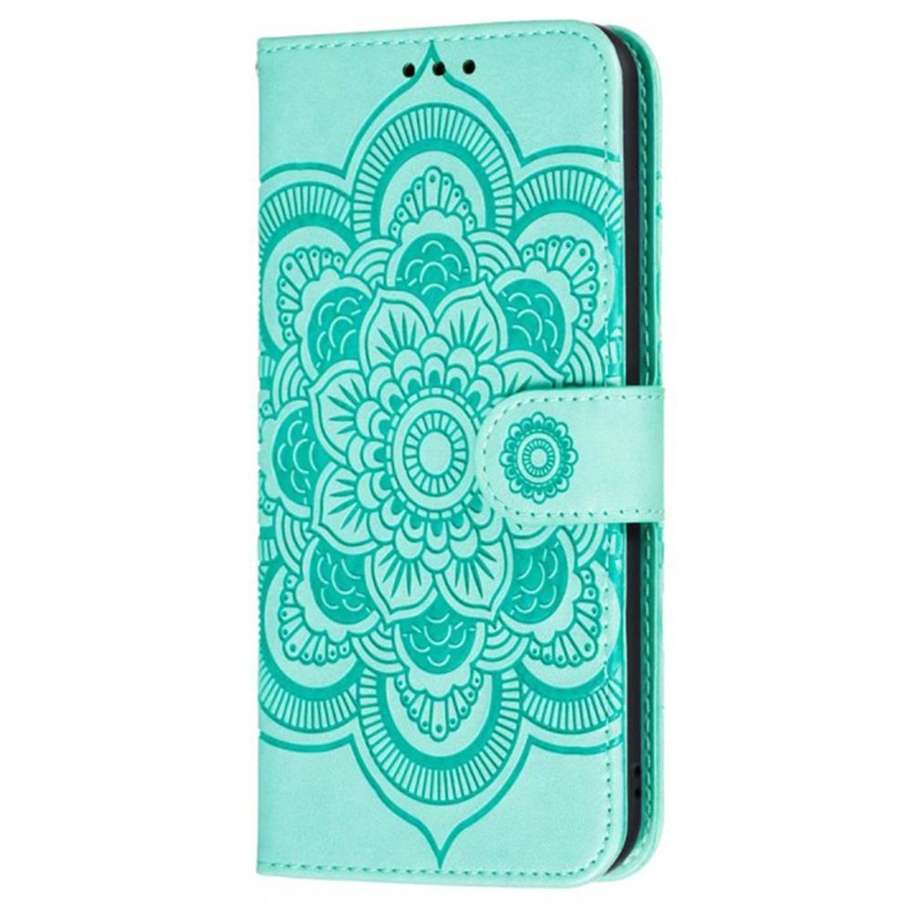 For iPhone 16 Case PU Leather Mandala Imprinted Design Wallet Phone Cover - Green