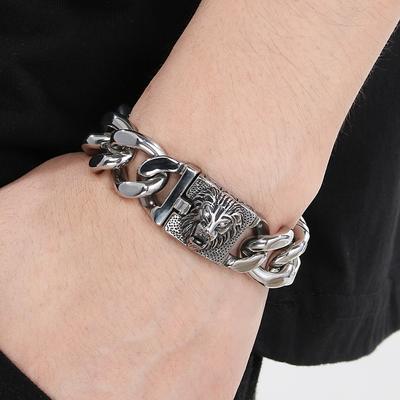 Punk Lion Face Head Bracelet for Men With CZ Eyes 19MM Width Curb Cuban Link Chain Bracelets Men's Male Jewellery Accessories