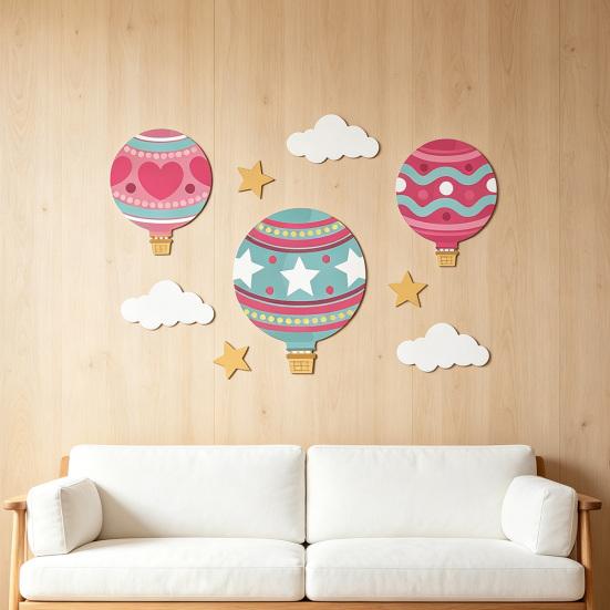 9 Pcs Hot Air Balloons Wall Art Star Cloud Balloons Nursery Wall Decor Boho Wooden Wall Sculpture for Kids Bedroom Playroom
