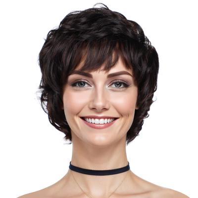 Kurze Gemischte Schwarz Blonde Braune Perücken Synthetisches Natürliches Lockiges Haar mit Pony für Frauen Hitzebeständige Faser Tägliche Cosplay-Perücken
