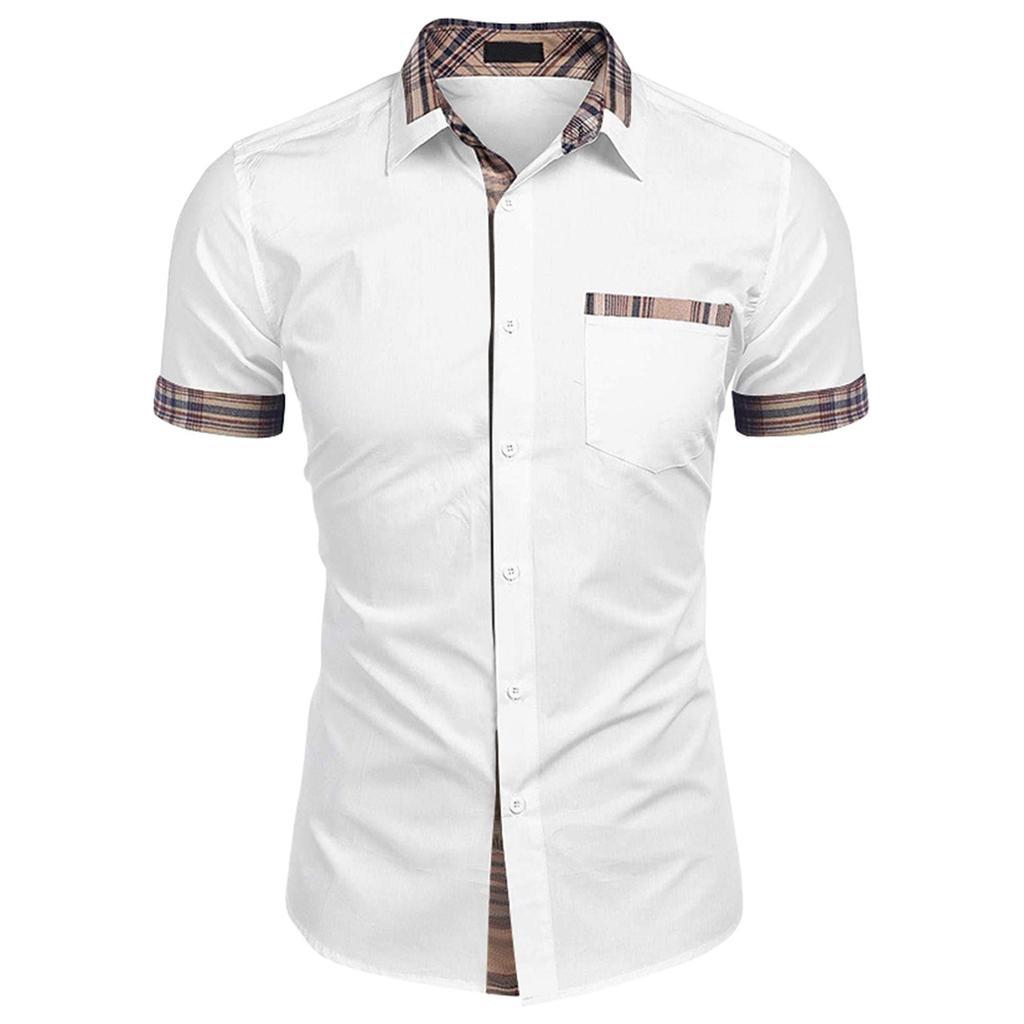 Men's Casual Short Sleeve Shirt Button Down with Plaid Trim Collar and Pocket Detail Lightweight Breathable Summer Shirt for Everyday Wear