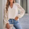 Frühling Neu Damen V-Ausschnitt Spitze Durchbruchspitze Langarm Locker Pullover Hemd