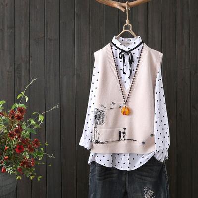V-neck Knitted Sweater Female Loose Sleeveless Cartoon Sweater Vest Women