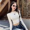 2025 Autumn/Winter Retro Cross Long Sleeve Round Neck Cropped Slimming Women's T-shirt