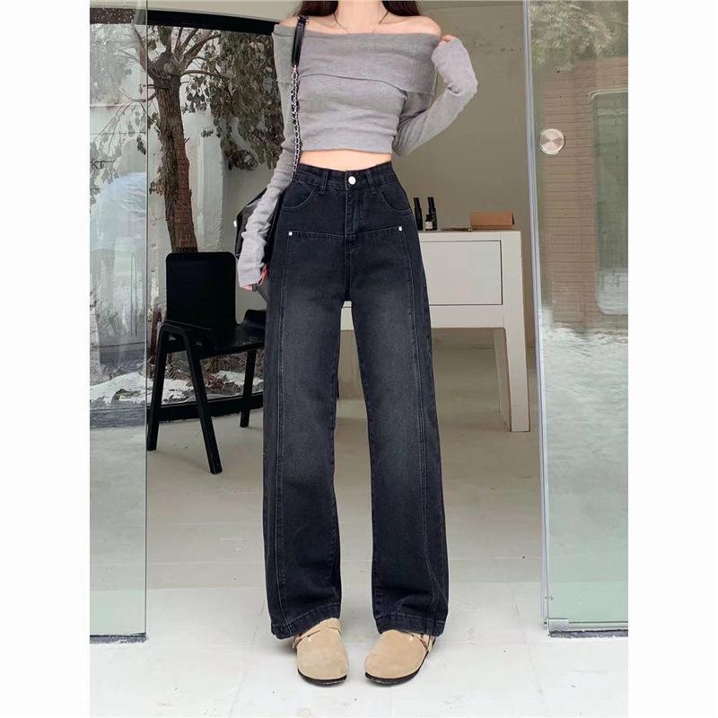 Women s High-Waisted Velvet-Lined Wide-Leg Jeans in Black and Gray - Slim-Fit Petite Long Pants 2XL