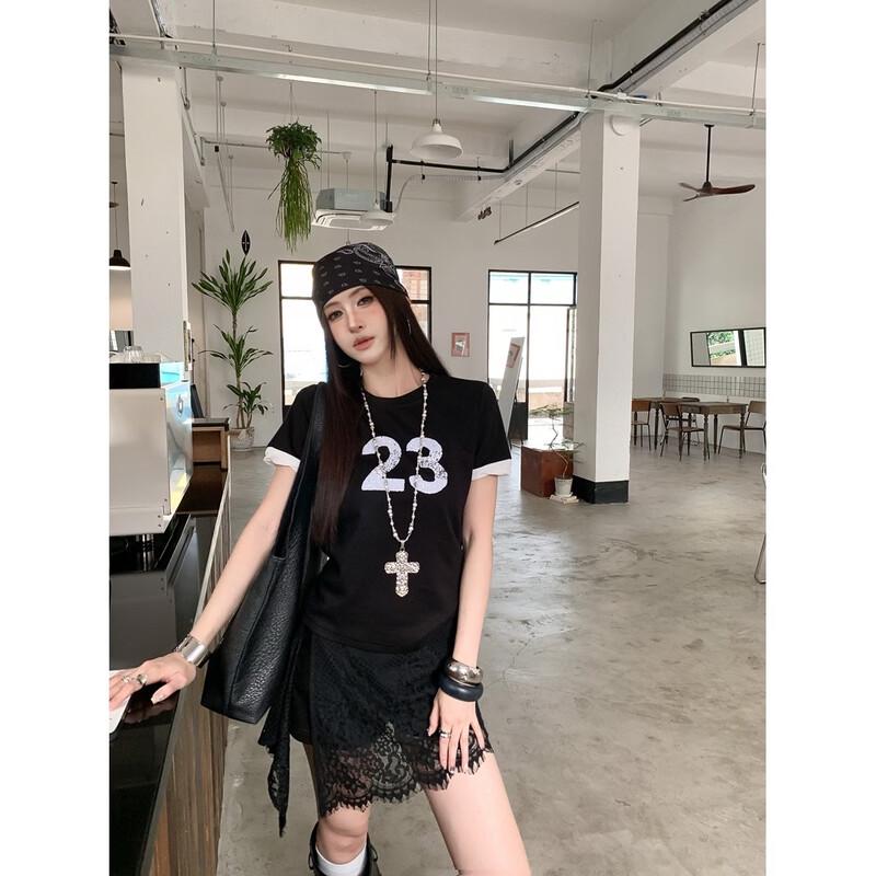 Zuose Vintage Sequin Letter Embroidered Short Sleeve T-Shirt S