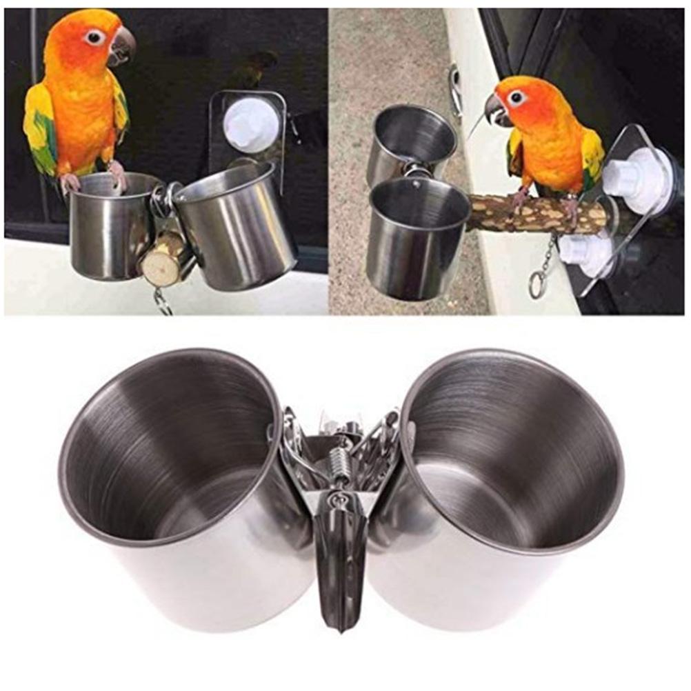 Parrot Feeding Cups Stainless Steel Birds Food Dish Feeders Dual Water Cage Bowls with Clamp Holder for Cockatiel