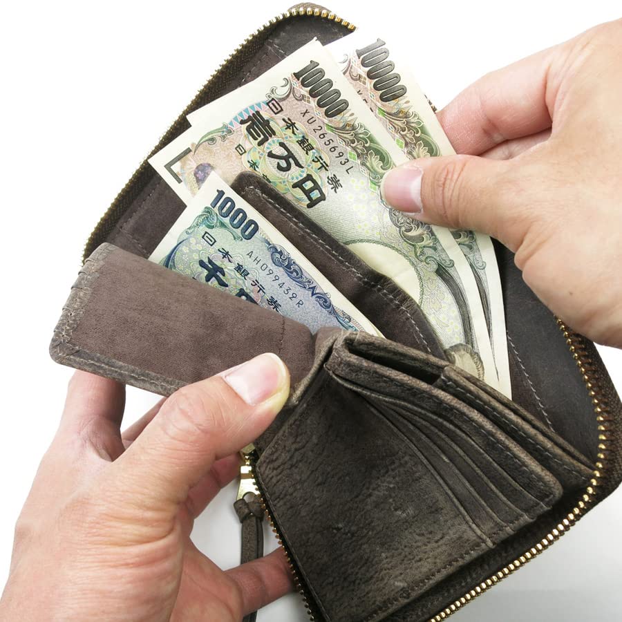 Baggy Port Kudu Leather Half Wallet with Round Zipper, Unisex, Gray, ZKM-901