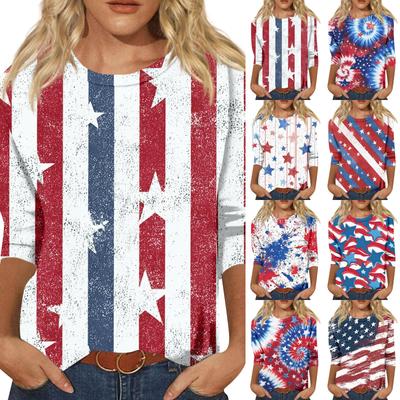 Women's Fashion Casual Seven-Sleeve Independence Day Print Round Neck Top