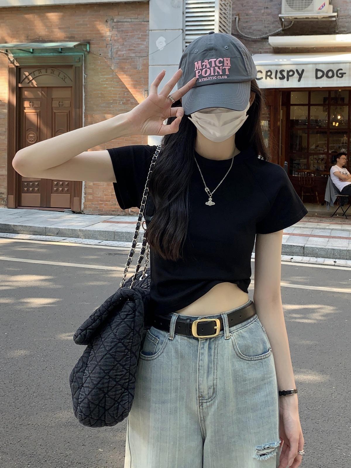 

Short Shoulder Short Sleeve T-Shirt Women s Summer Slim Skinny Casual Sexy Spice T-Shirt Student Top Trend S чёрный