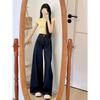 Jeans Femme Taille Haute Jambe Large Jambe Droite Style Rétro Hong Kong Micro Stretch Bleu Foncé Tombant Longueur Sol Pantalon en Jean