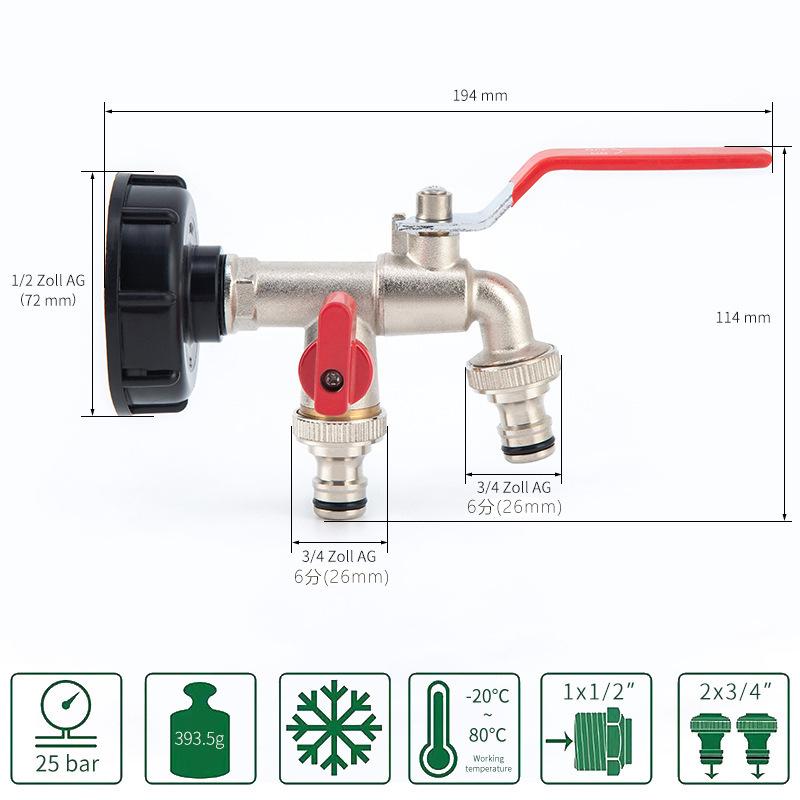 1 Stück Roter Griff 1/2 "" 3/4" "IBC Tank Metall Wasserhahn mit S60 Grobgewinde 1-2 Wege Adapter Kugelhahn Gartenzubehör Bewässerung