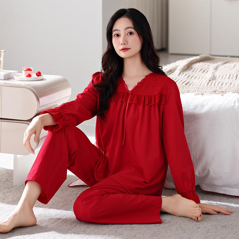 Pajamas Women'S Pure Cotton Long-Sleeved Pullover Sweet Lace Loungewear Can Be Worn Outside Casual Suit