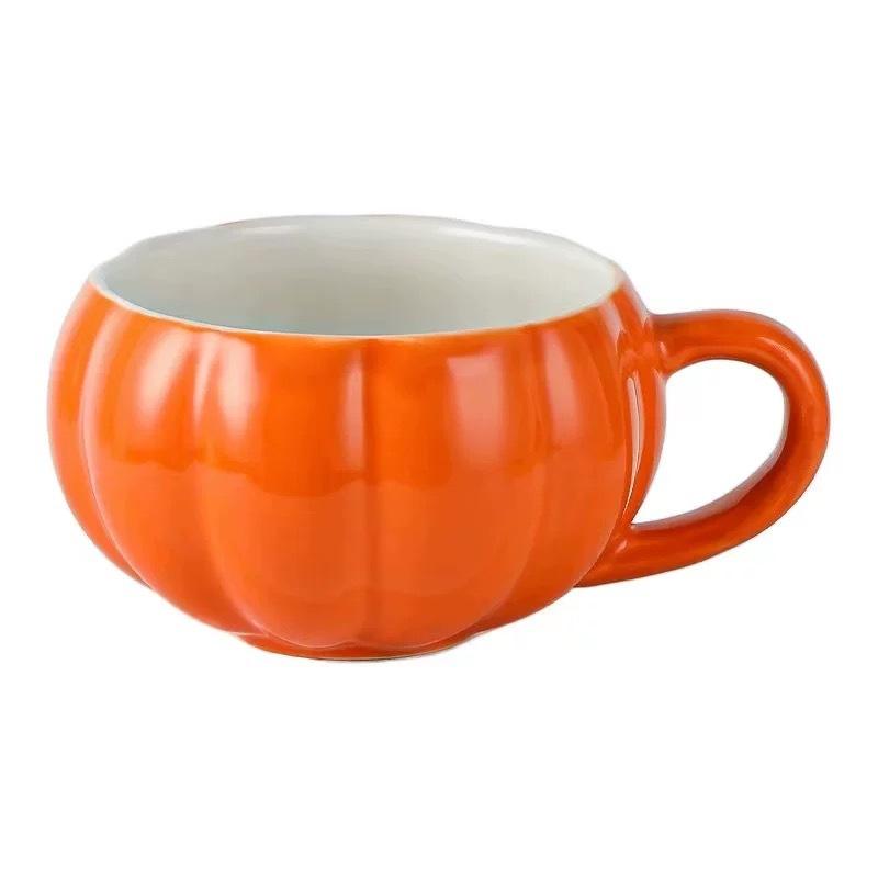 Ceramic Pumpkin Shaped Mug Cute High Appearance Cup with Lid for Milk Coffee Tea Orange 400ml