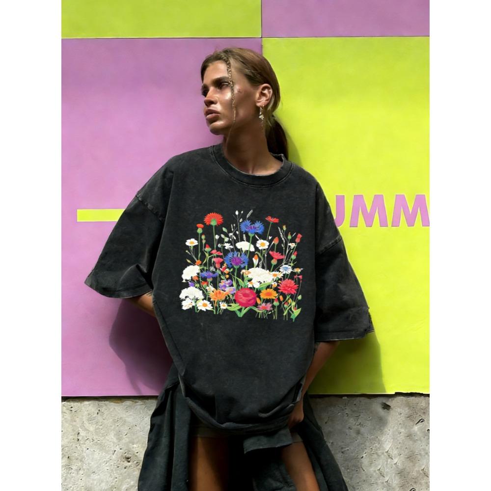 Flowers That Absorb Sunlight Print Washed T Shirt Women Summer Breathable Short Sleeves Cotton Loose Streetwear T-Shirt
