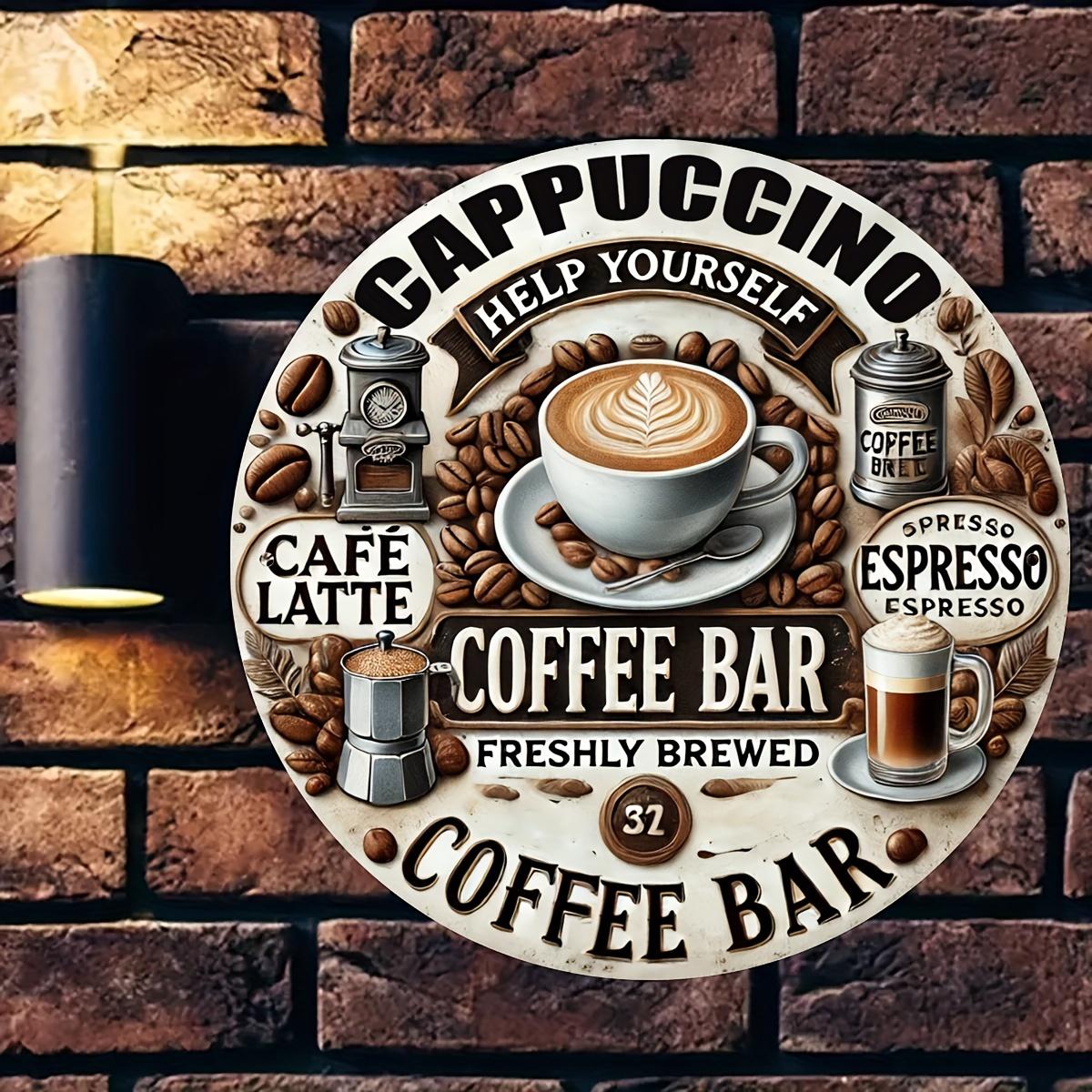 High Definition Metal Tin Sign Cappuccino Coffee Bar Freshly Brewed Vintage Round Wall Art Decor for Kitchen Cafe and Coffee Lov 20x20cm(8x8inch)