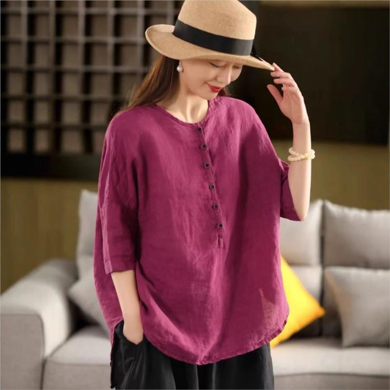 Johnature Women Vintage Solid Color T-Shirts O-Neck Half Sleeve Button Loose Summer Casual T-Shirts