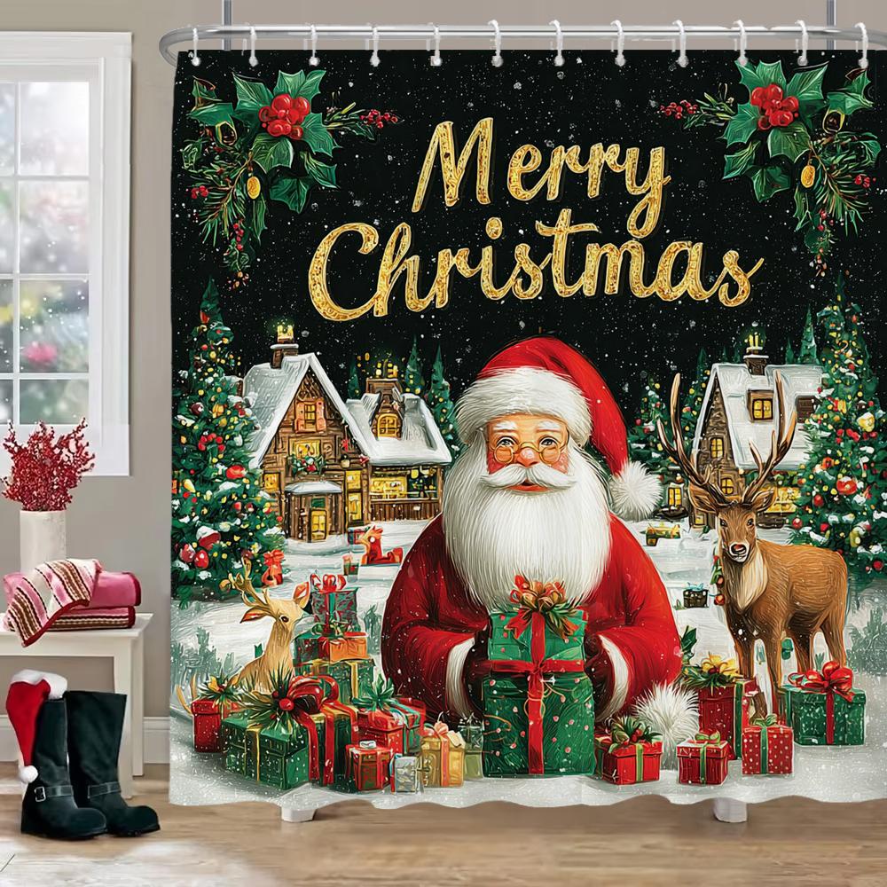 Christmas Santa Claus Snowman Printed Bathroom Shower Curtain with Hooks , Printed fabric for Home Holiday Decoration Curtain