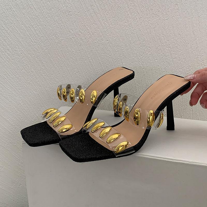 

Fashion Fashion Metal Rivet Footwear High Heels Sandals Slides Shoes For Ladies Shallow Elegant Women Heeled Sandals Shoes Female Pumps 35 чёрный