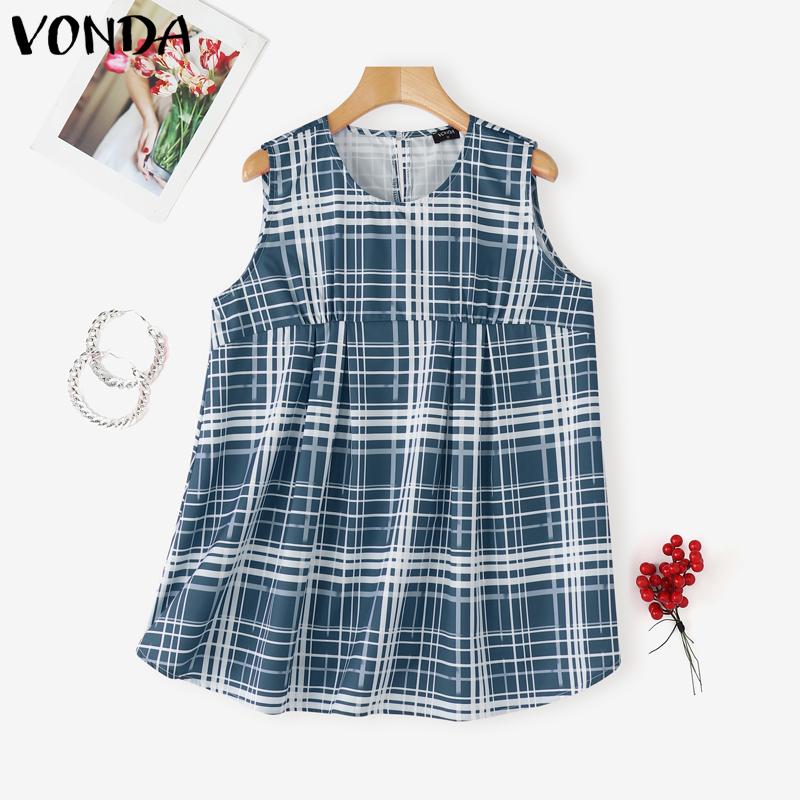 

VONDA Летние женские повседневные топы без рукавов с клетчатым принтом и оборками 5XL темно-синий