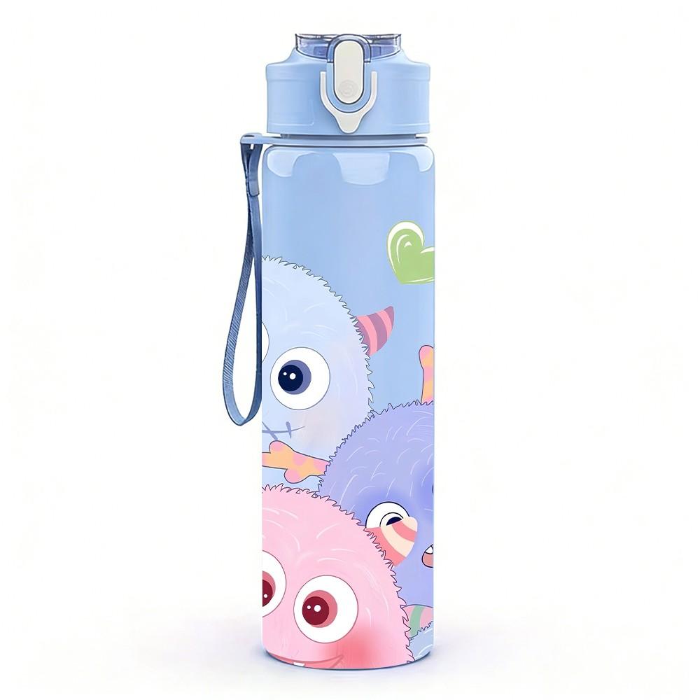 1PC Cute Round Monster Cartoon Print 750ml Color Plastic Sports Water Bottle Leakproof Flip Straw Lid Suitable for Sports Office Home Use