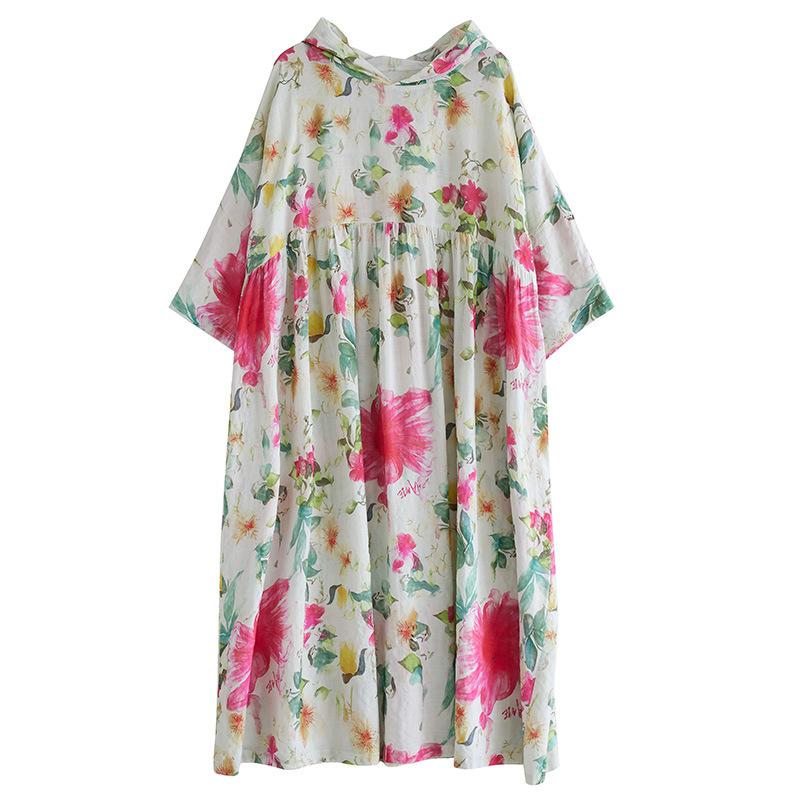Plus Size Summer Floral Dress Women Hooded Robe Flower Print Loose Vintage Dresses Women's Clothes