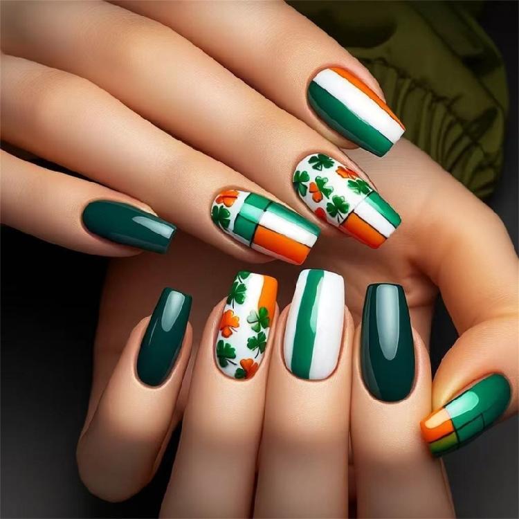 

Medium Press on Nail In Green Shamrock Pattern Full Cover Stick on Nail Acrylic False Nail for Fashion Enthusiasts 1