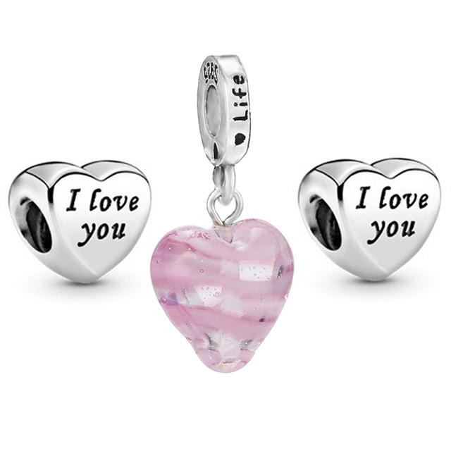 3pcs /Lot Pink Love Heart Beads Enamel Mom Pendant Fit Diy Brand Charm Bracelets Necklaces For Women Mother Jewelry Making