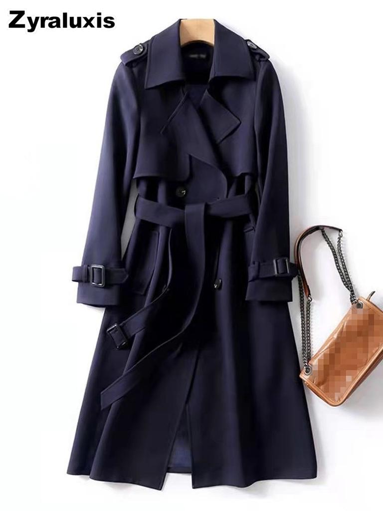 Women's Long Trench Coat Autumn Spring Korean Style Petite British Style Over Knee Dress Coat Jacket
