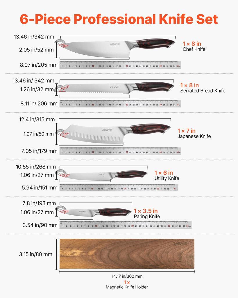 Kitchen Knife Set, 6 Piece High Carbon Stainless Steel Sharp Knife Set, Professional Kitchen Cutlery with Ergonomic Crack-Resistant Handle, and Walnut