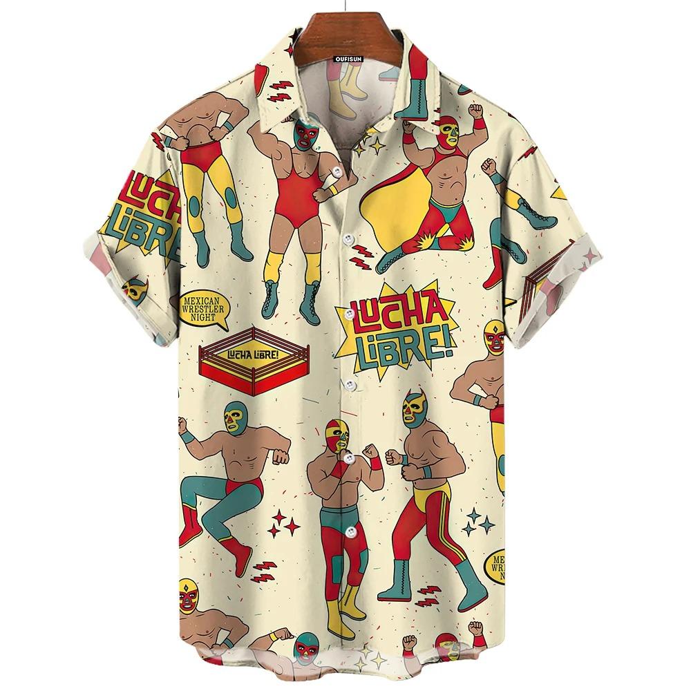 Camisa Vintage para Hombre 3D Lucha Libre Mexicana Estampada Ropa de Alta Calidad para Hombre Holgada Oversize Moda Casual Manga Corta