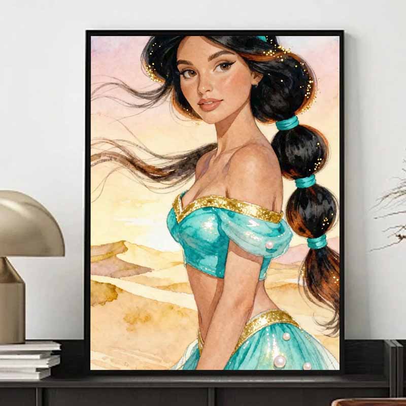Disney 5D DIY Diamond Painting, Aladdin and Jasmine Princess Illustration Cartoon Full Diamond Mosaic Diamond Painting Art Wall Decoration Craft Set